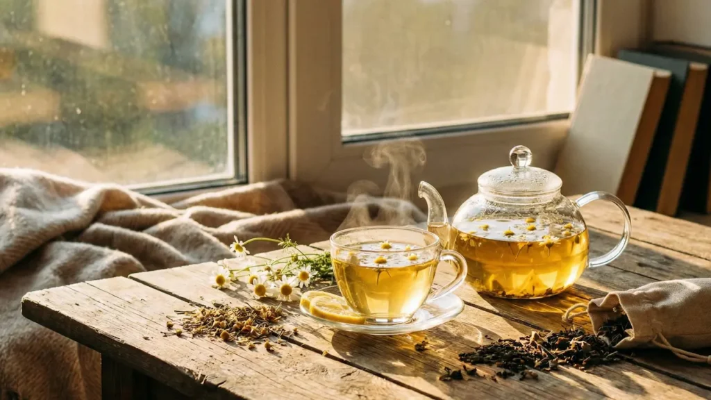 햇살이 들어오는 창가 테이블 위에 놓인 따뜻한 허브티와 찻잎