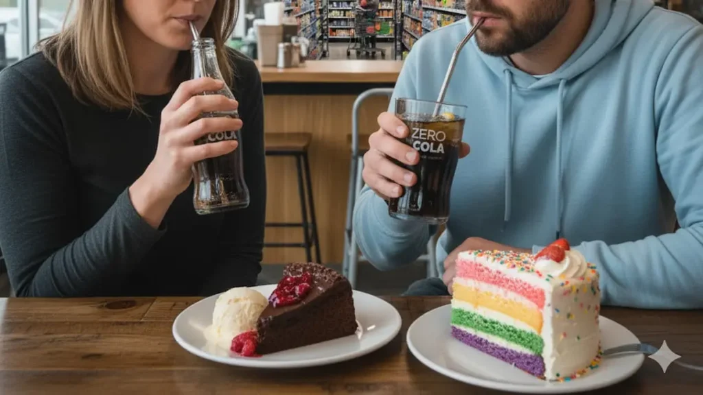 다이어트 콜라를 마시면서 케이크를 쳐다보는 사람의 모습