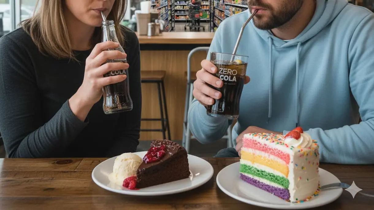 다이어트 콜라를 마시면서 케이크를 쳐다보는 사람의 모습