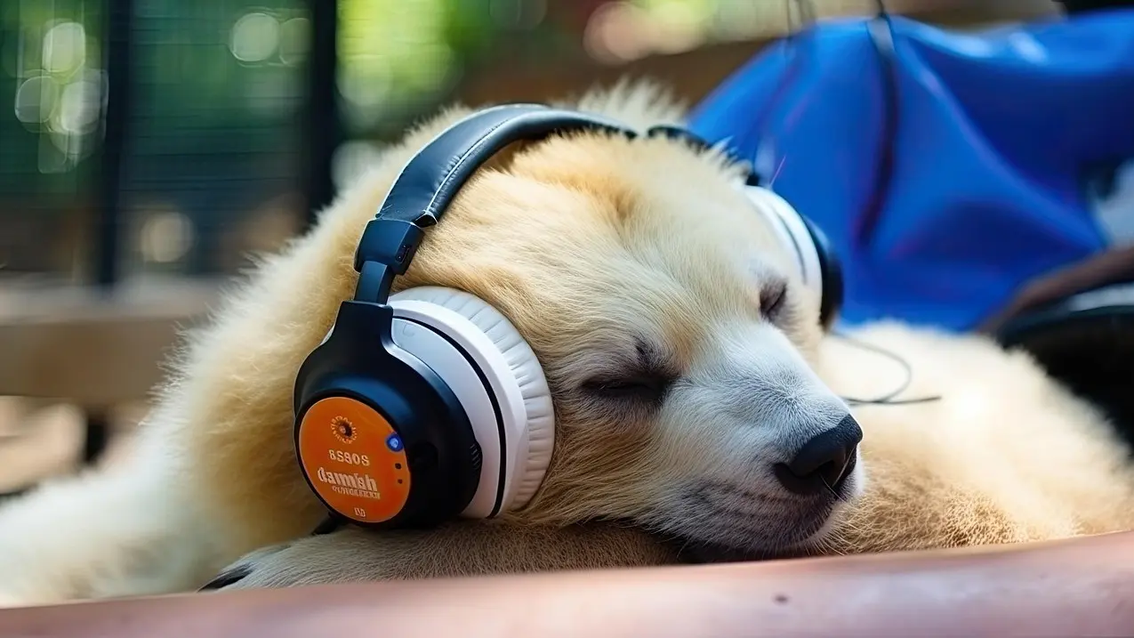 헤드폰을 착용하고 평온하게 잠들어 있는 귀여운 강아지의 클로즈업 사진