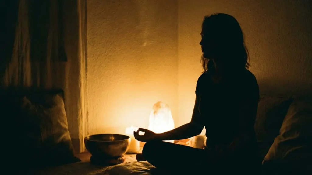 어두운 방 안 조명 아래 놓인 티베탄 싱잉볼과 명상하는 사람의 실루엣