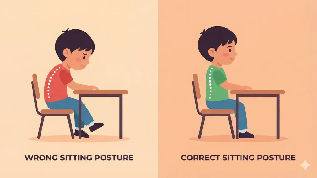 방바닥에 엉덩이를 대고 다리를 양옆으로 벌려 W자 모양으로 앉아 있는 어린이의 모습