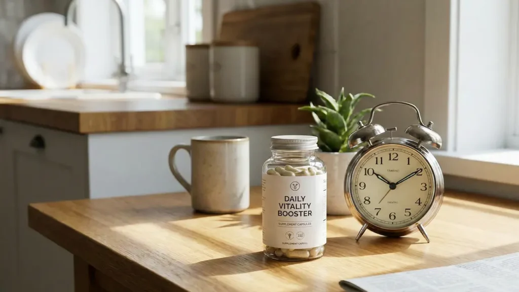 따뜻한 햇살이 드는 주방 식탁 위에 놓인 영양제 병과 시계
