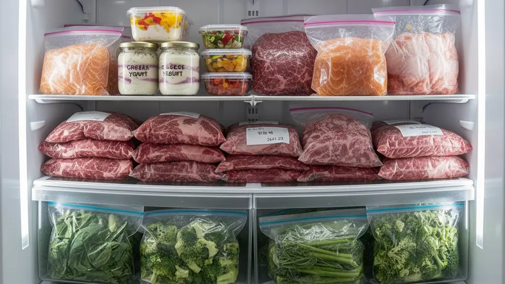 지퍼백에 날짜가 적힌 채 소분되어 냉동실에 깔끔하게 정리된 고기와 식재료들