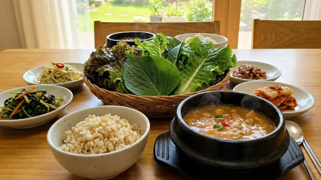 현미밥, 신선한 쌈 채소, 그리고 청국장 찌개가 차려진 건강한 한식 밥상