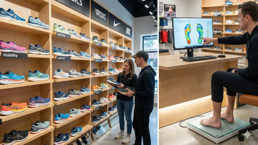 다양한 종류의 러닝화가 진열된 매장 모습 혹은 발 모양을 측정하고 있는 분석 기계 이미지