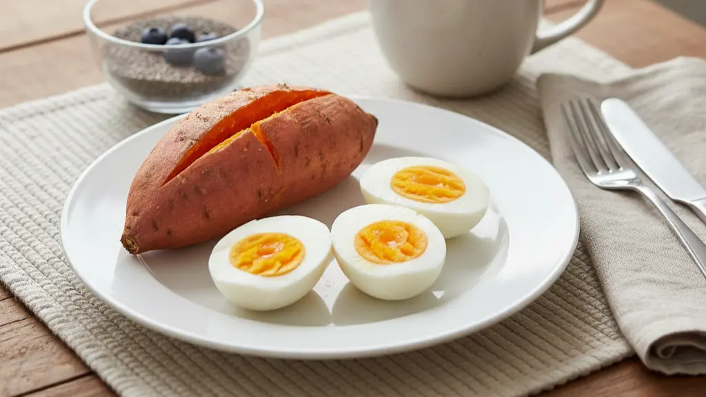찐 고구마와 구운 계란이 놓인 다이어트 식단 이미지